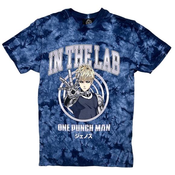 In The Lab Men's X One Punch Man Japanese Anime Blue Tie Dye Tee T-Shirt - Picture 1 of 2